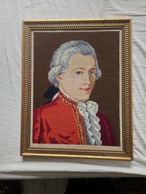 Vintage gerahmtes Gobelin Stickbild Wolfgang Amadeus Mozart Goldrahmen 38x47 cm