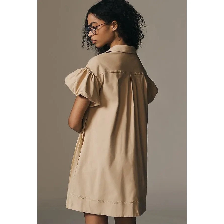 Maeve Anthropologie Beige Pleated Shirt Dress Size S |Tan Utility Dress Neutral - Image 2 of 4