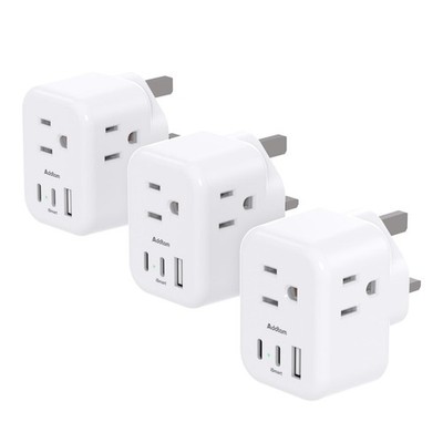 US to UK Plug Adapter 3 Pack, Addtam Type G Travel with 3 Outlets White 