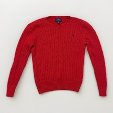 Polo Ralph Lauren Cable Knit Crew Neck Sweater Boys Size L 14/16 Red Cotton Logo