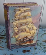 Vintage Chad Valley Book Money Box & Key. Endeavour - Sailing Ship. VGC .