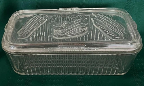 Vintage Federal Glass Clear Ribbed Refrigerator Dish Embossed Vegetable Lid