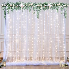 10ft x 10ft White Tulle Backdrop Curtain with Lights String for Parties Weddi...