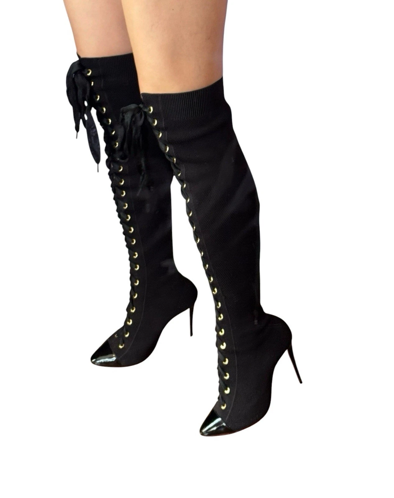 Christian Louboutin — Christian Louboutin Black Frenchie Lace Up Knit Boots 100 Size 37.5