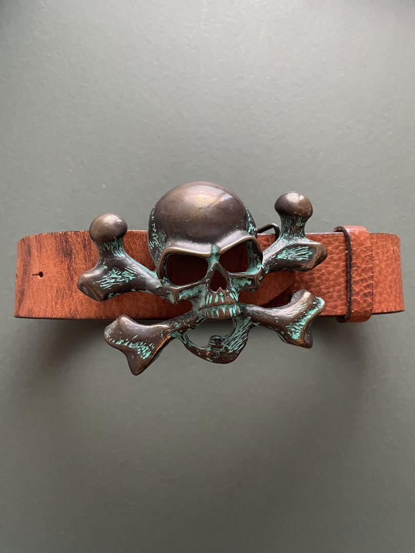 B2nd Brown Skull Belt 85cm Genuine Leather 37 Length Stylish Design