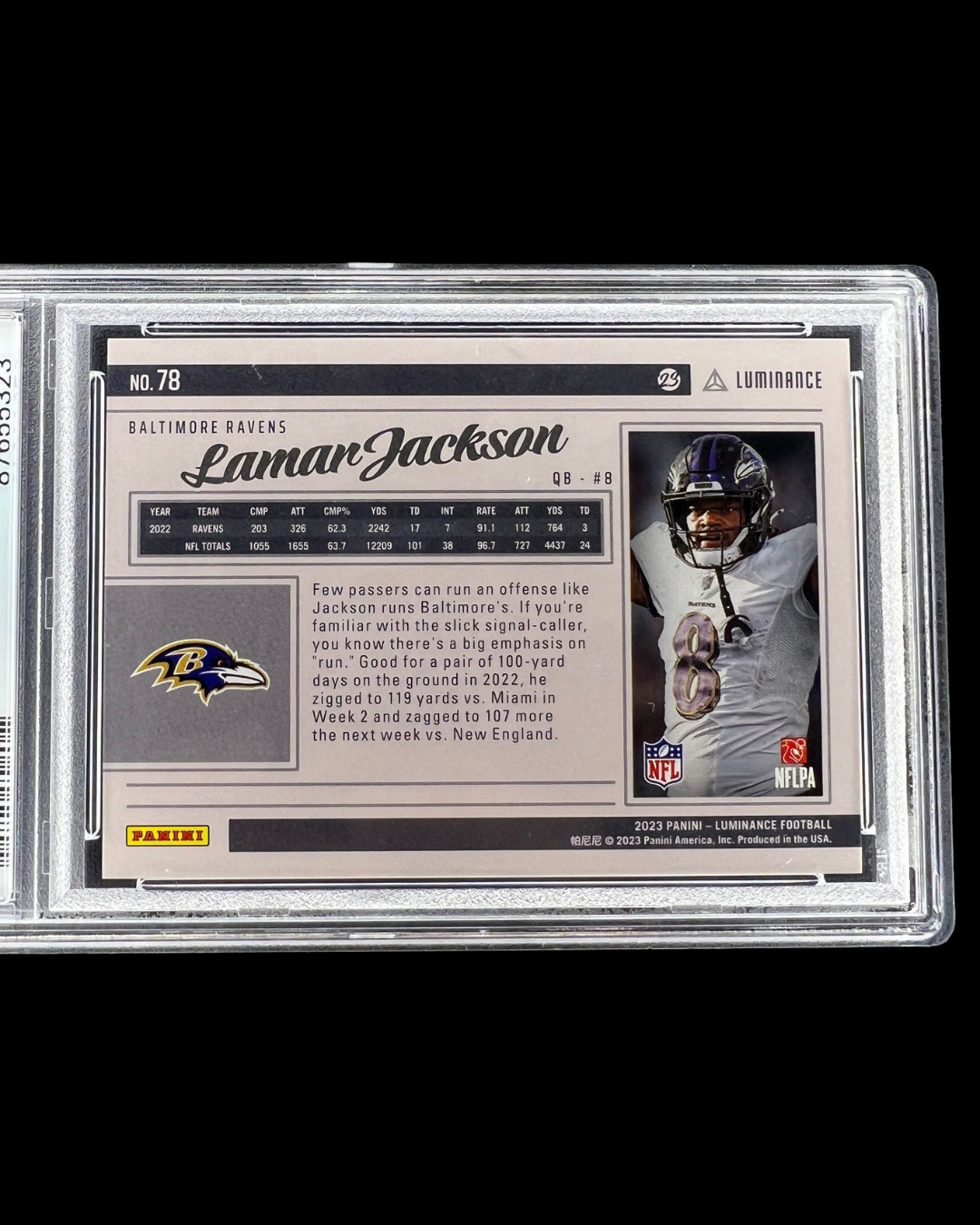 Lamar Jackson 2023 Panini Luminance Teal PSA 9 /35 #78 Baltimore Ravens view 4