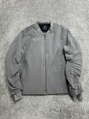 Nike Shield Bomber Jacket Womens Medium Gray Swoosh Logo Ruched Sleeve Full Zip