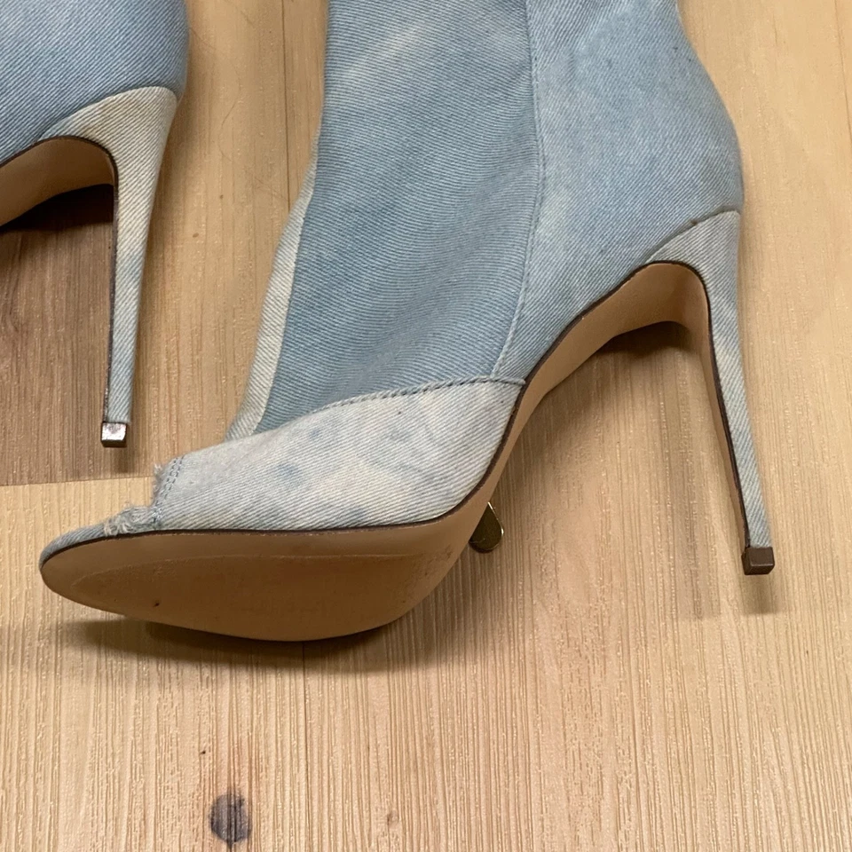 Botas femininas acima do joelho 8,5 biqueira alta aberta stiletto perna jeans WAGS sapatos boate  - Imagem 4 de 4