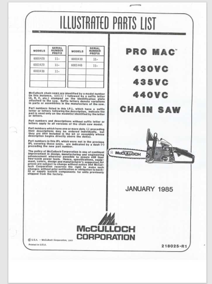 McCulloch Chainsaw 430vc 435vc 440vc Illustrated Parts List 1985