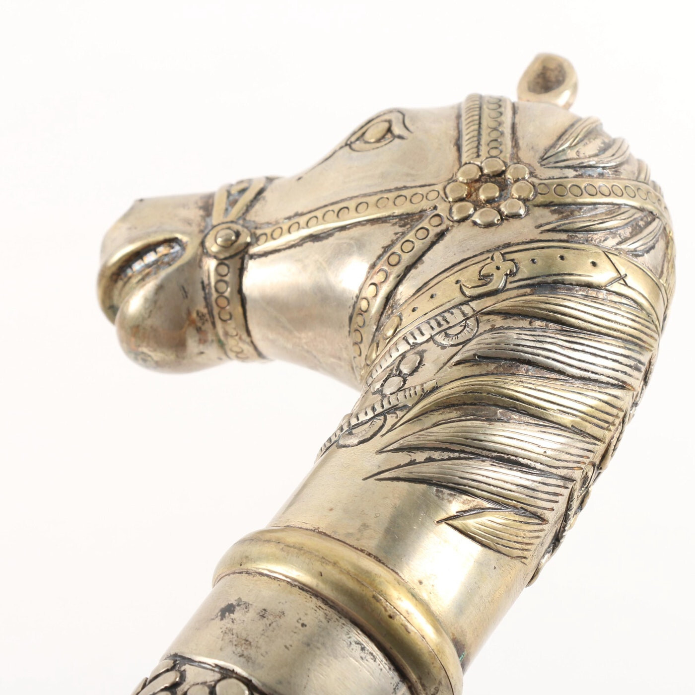 Riding Crop Ornate Metal Horse Head Fly Whisk Handle In Silver & Brass