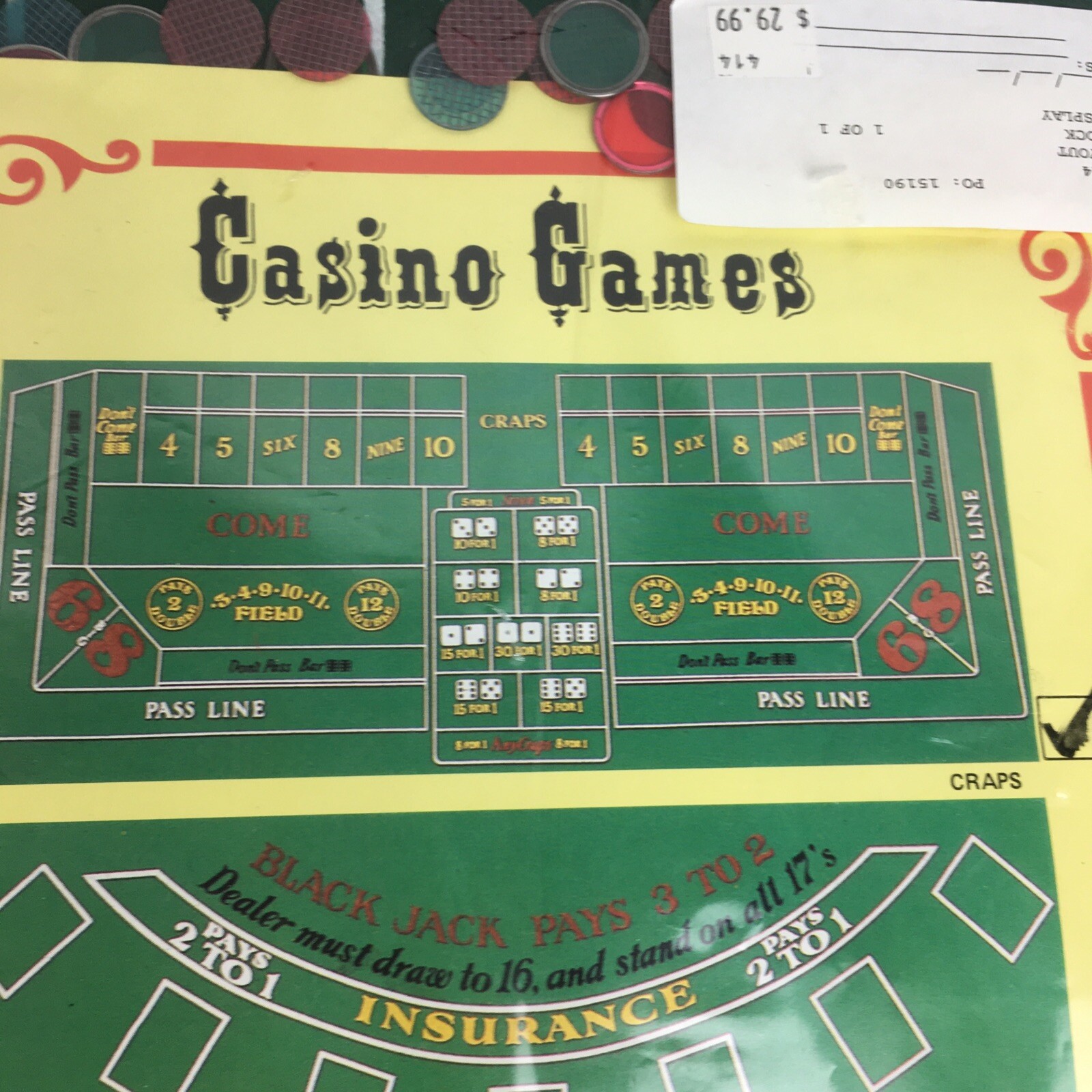 Craps Casino Game Felt Layout 36" x 72" with instructions (C2) eBay