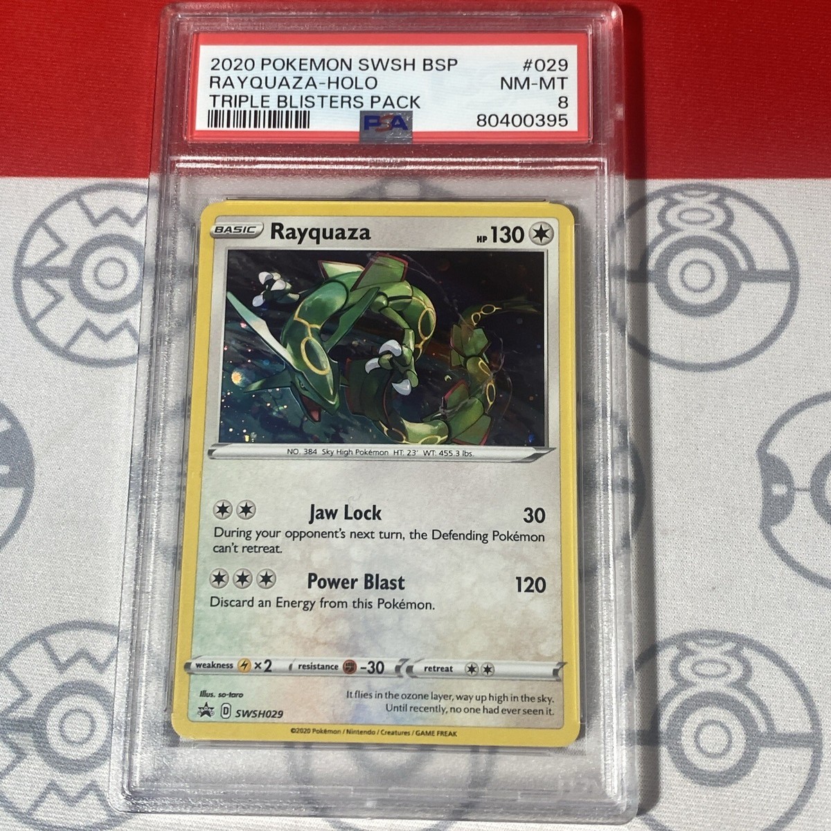 PSA 8 NM/MT Rayquaza Holo SWSH029 Pokemon 2020 Triple Blisters