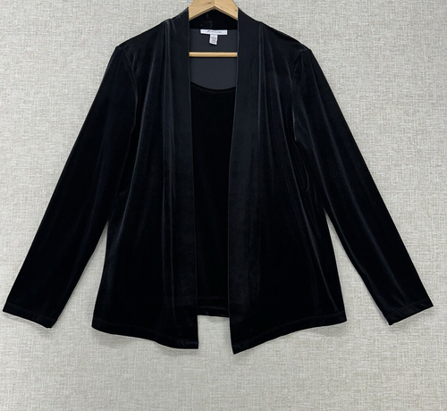 JM Collection Velour Cardigan Built in Tank Top Womens Size M Black Long Sleeve
