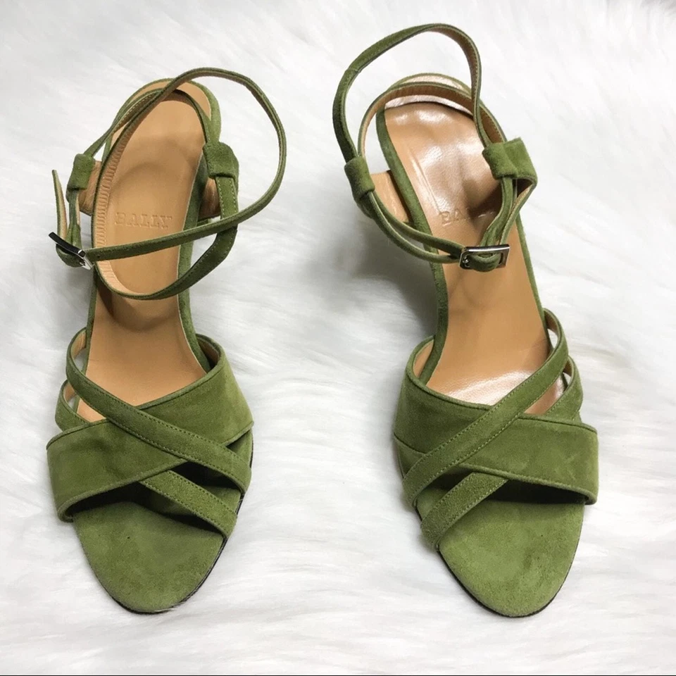 Sandalia Bally Shena Gamuza Cruzada Punta Abierta Correa Tobillo Verde Pera Talla 6 Foto 4 de 4