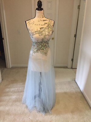 cream and blue prom dress Zapakasa Women Light Blue Sparkly Beaded Mermaid Long Prom Dress Spaghetti  Straps Tulle Formal Dress