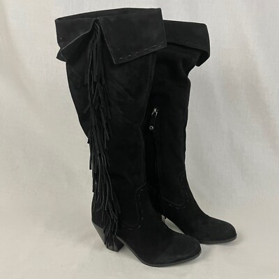 Sam Edelman Louella Tall Fringe Boots Women's M Black Leather Suede