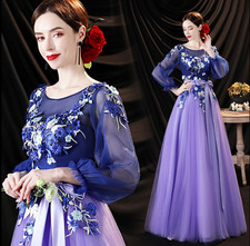 Round Collar Tulle Evening Dresses Long Sleeve Flowers Elegant Party Prom Gown
