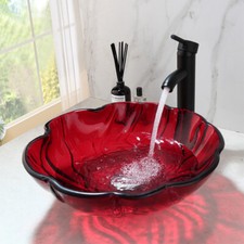 Bathroom Round Tempered Glass Red Basin Sink Black Faucet Vessel Sink Vanity Set