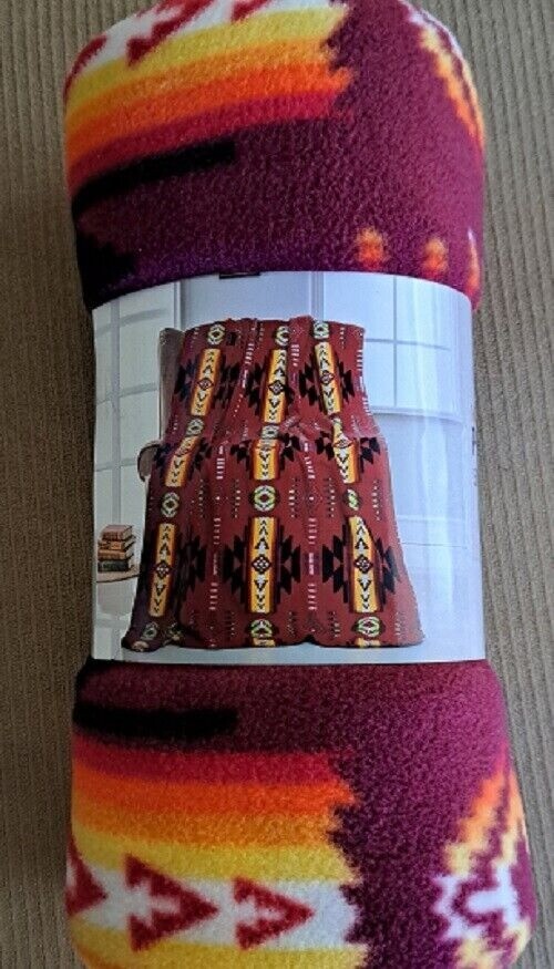 New Burgundy Red 50x60 Southwest Aztec Fleece Throw Gift Blanket Reversible SOFT