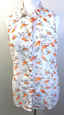 SO Heritage Sleeveless Bright Bird Sheer White Blouse