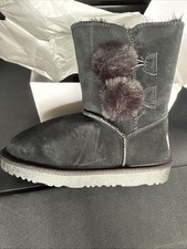 DREAM PAIRS Kids Size 1 Faux Suede Winter Boots Black Mid Calf Pom Pom Lined