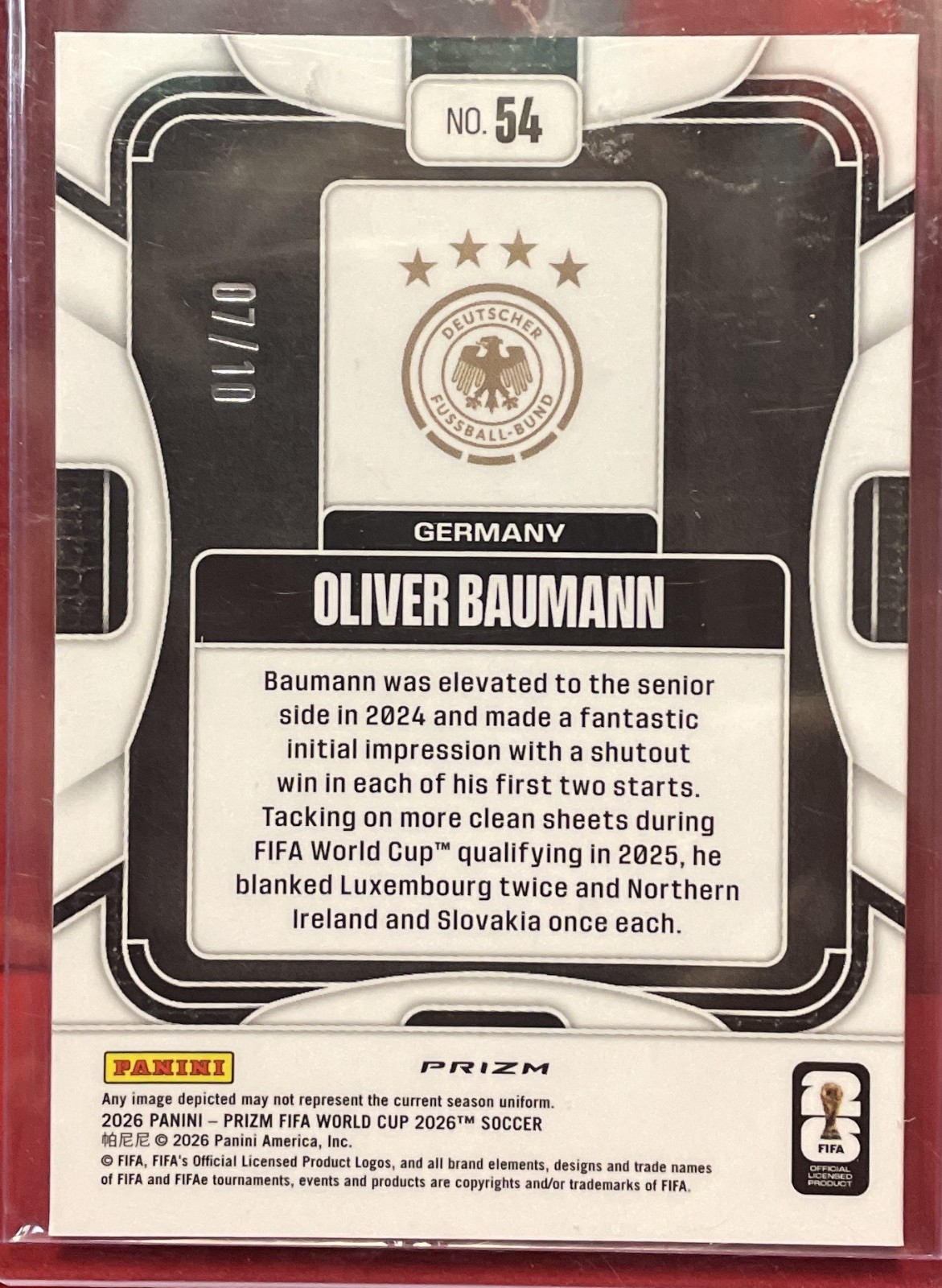 2026 Panini Prizm Preferred FIFA World Cup Oliver Baumann #54 Gold 7/10 view 2