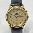 Vintage Timex Watch Men 35mm Gold Tone Day Date Indiglo Leather New Battery 1997