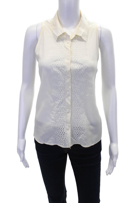 Equipment Femme Womens Sleeveless Button Front Eyelet Silk Top White Size Large