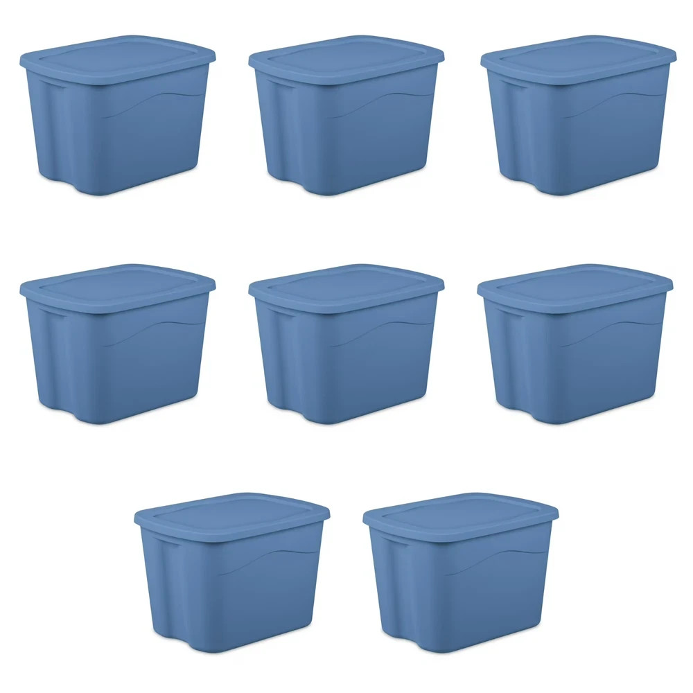 NEW Sterilite 18 Gallon Plastic Storage Bin with Snap-on Lid, Light Blue, 8 Pack