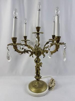 Vintage Brass 5 Arm Candelabra 21  H W/ 6  Marble Base Crystal Prisms Ornate