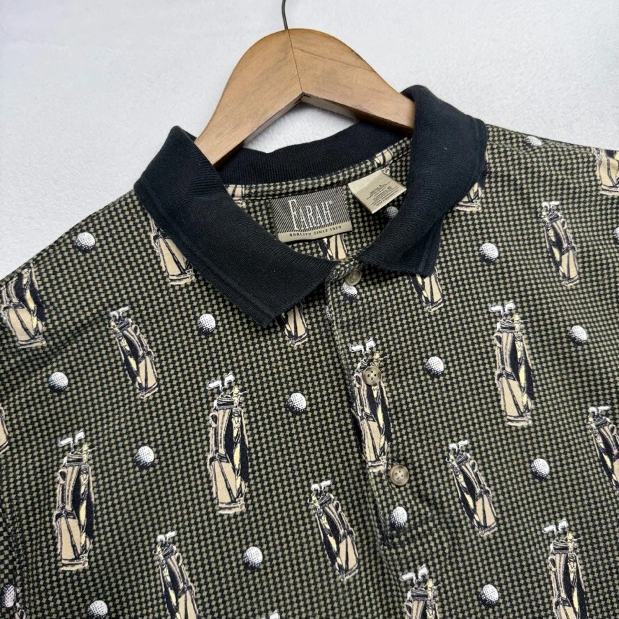 Camisa polo vintage Farah para hombre grande negra de golf bolsa de pelota geométrica años 90 Foto 3 de 4