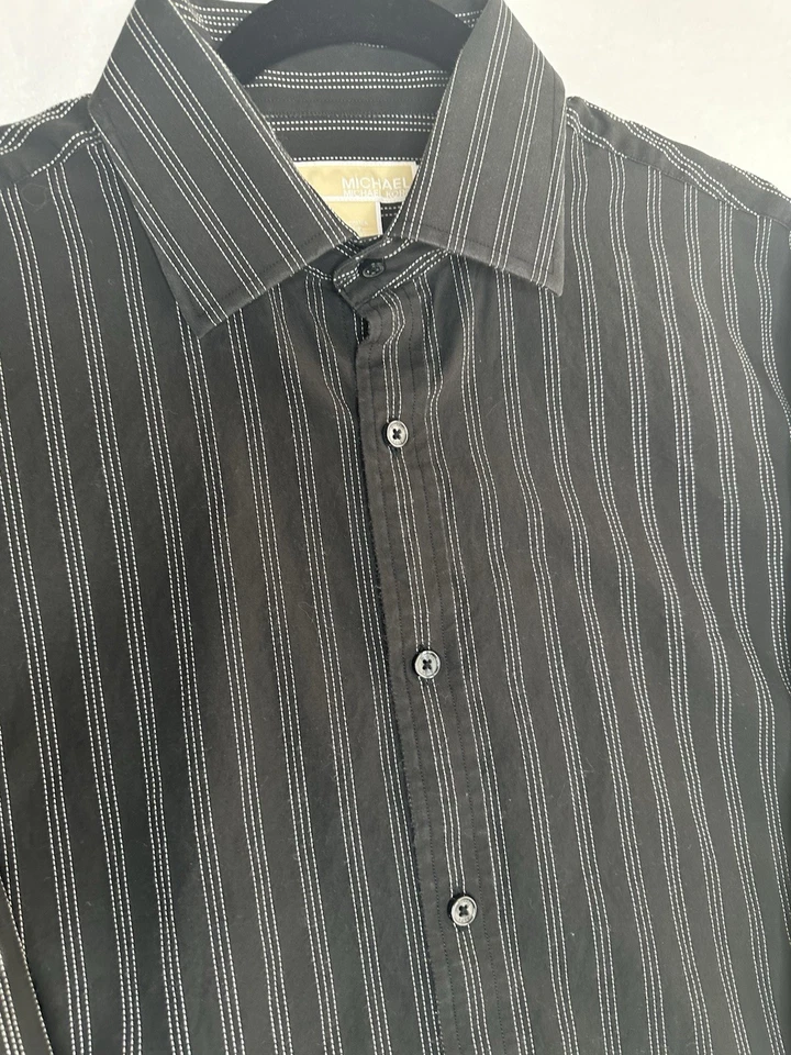 Camisa de vestir grande Michael Michael Kors para hombre negra blanca a rayas 100 % algodón Foto 4 de 4