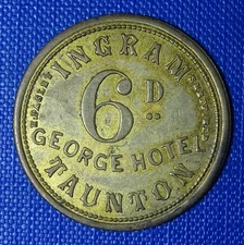 Somerset, Taunton, George Hotel, J.H. Ingram 6D/Sixpence Pub Check/Token - Read!