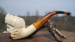 Meerschaum Hand Carved Man's Head Sultan w/Turban Estate Pipe 5" L