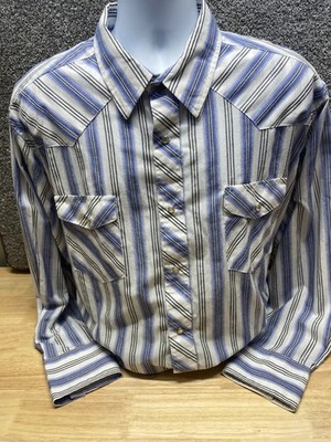 Wrangler Western Shirt Mens XXL White Snaps Blue Mettalic Stripes Retro Cowboy