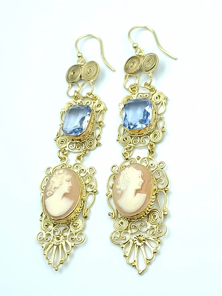 Orecchini TOPAZIO cammeo conchiglia stile Vittoriano Argento 925 Oro 18 Kt Cameo - Immagine 3 di 4