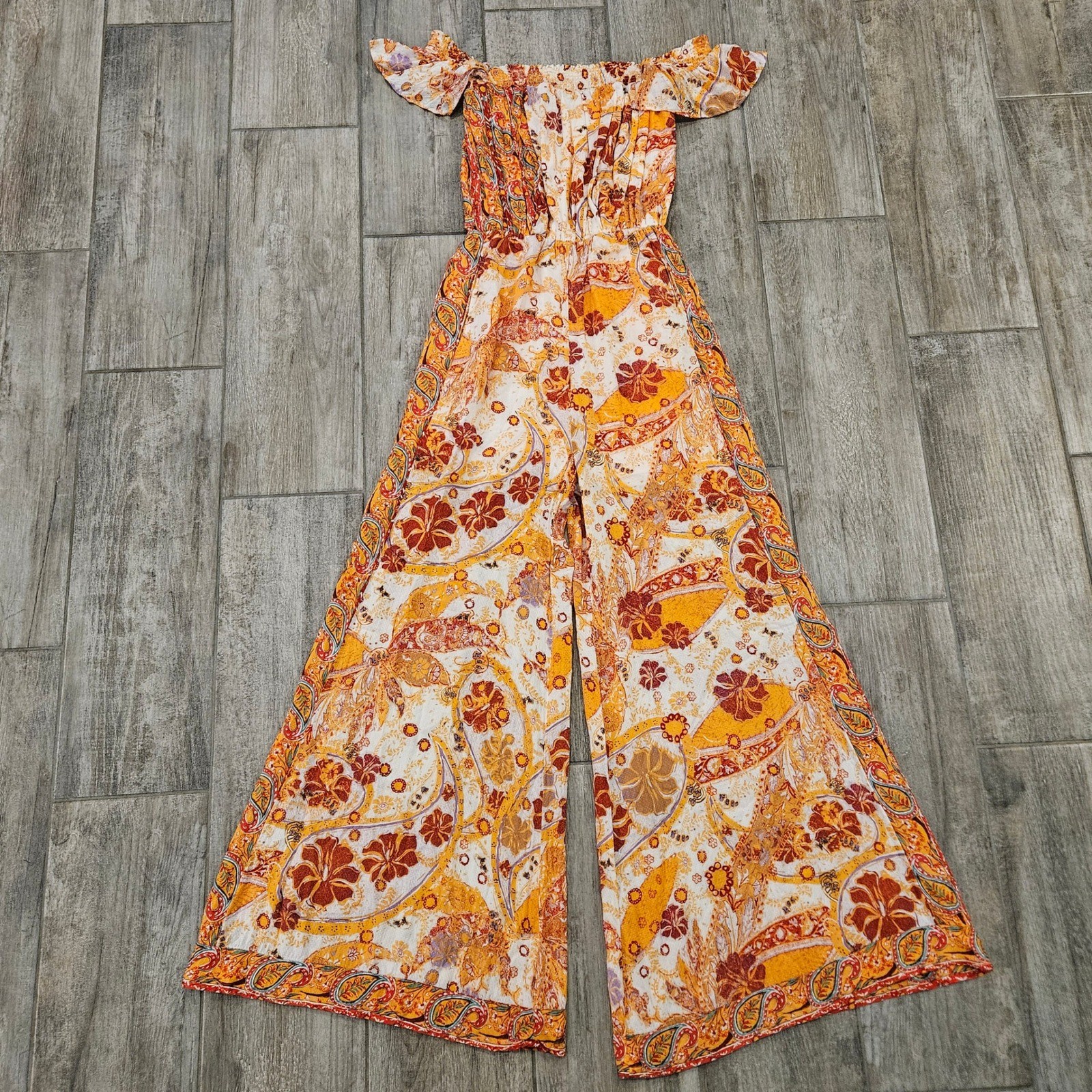 Free People Carmen Off-the-Shoulder Jumpsuit Size XS Orange Floral Print Boho