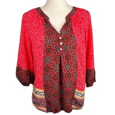 Fig and Flower Boho Pink Floral 3/4 Sleeve Indie Flowy Top Size Small