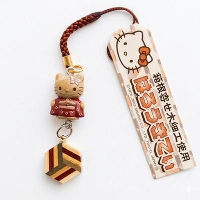 Hello Kitty Hakone Yosegi Zaiku Wooden Strap Charm  Netsuke Retro Japan Sanrio