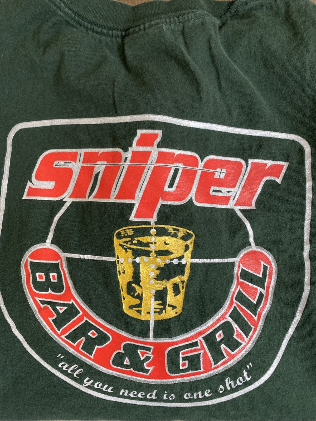 Vintage 2000s Sniper Bar & Grill Graphics Green Tee Shirt Y2K