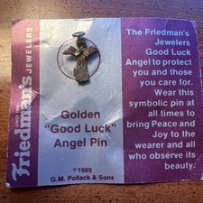 Vintage 1989 Friedmans Jewelers Golden Good Luck Angel Pin Religious Gold Tone