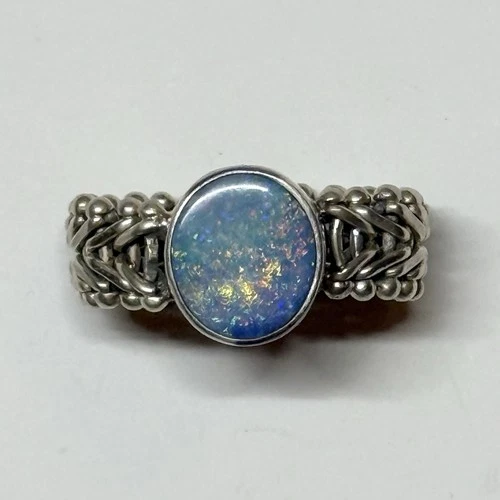 Vintage Hand-made Sterling Silver Opal Ring Unique Mesh Chain Band 7.25 7.5