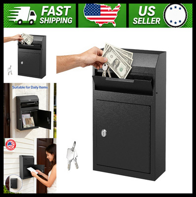 POCHAR Metal Wall Mount Locking Deposit Drop Box Safe Black