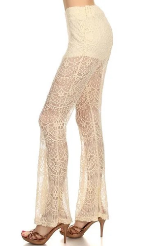 Vintage Ivory Gorgeous Stretch Lace Flare Leg Long Pants Shorts Lined 33.5" Tall - 第 4/4 張圖片