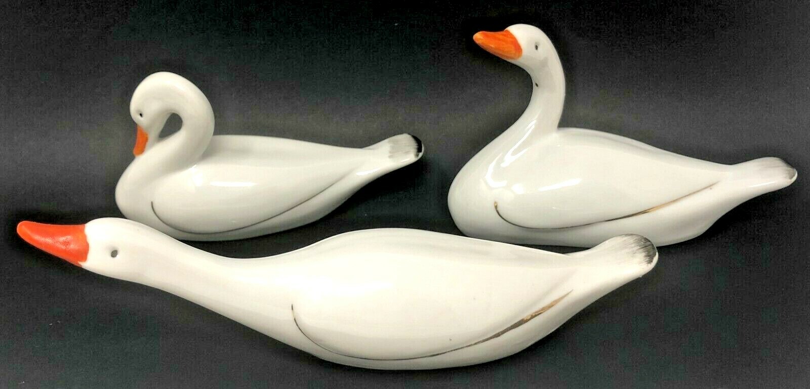 Geese Figurines - Set of Three Graceful Swimming Birds, Hand Painted
