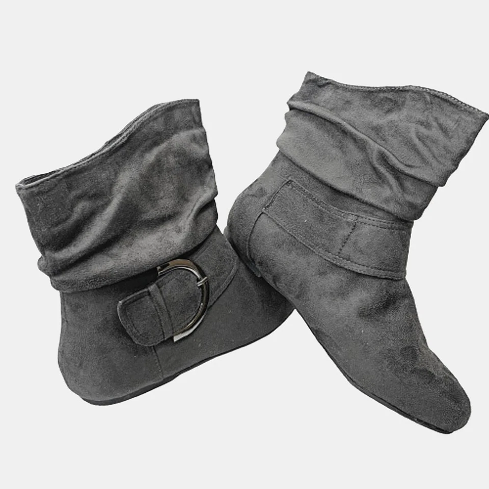 Faux Suede Slouch Ankle Boots – Flat Heel • Large Buckle Strap • Cool & Comfort - Image 2 of 4