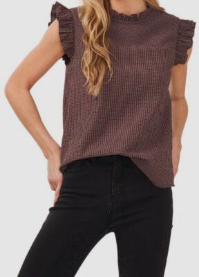 CeCe Women's Brown Check Print Blouse Size Small