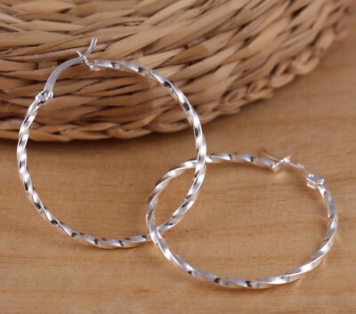 Massive 925 Sterling Silber schlichte gedrehte Creolen 35 mm Durchmesser Geschenkbox
