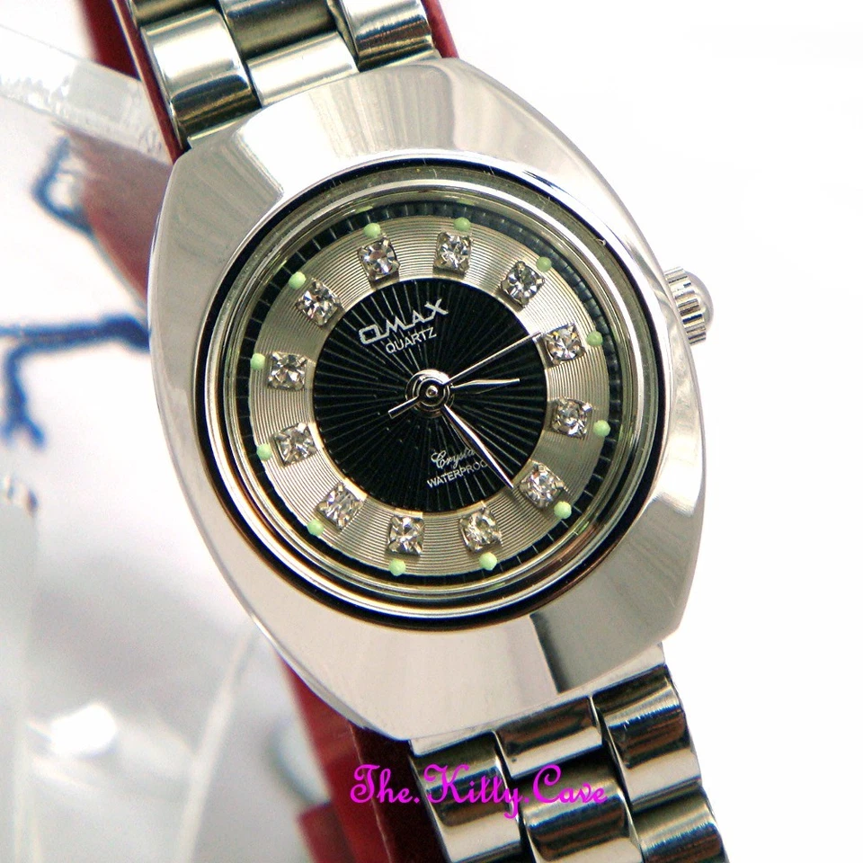 Classico Svizzero OMAX Seiko Movt Lusso Argento & Nero Cristallo Orologio WP3900 - Immagine 3 di 4