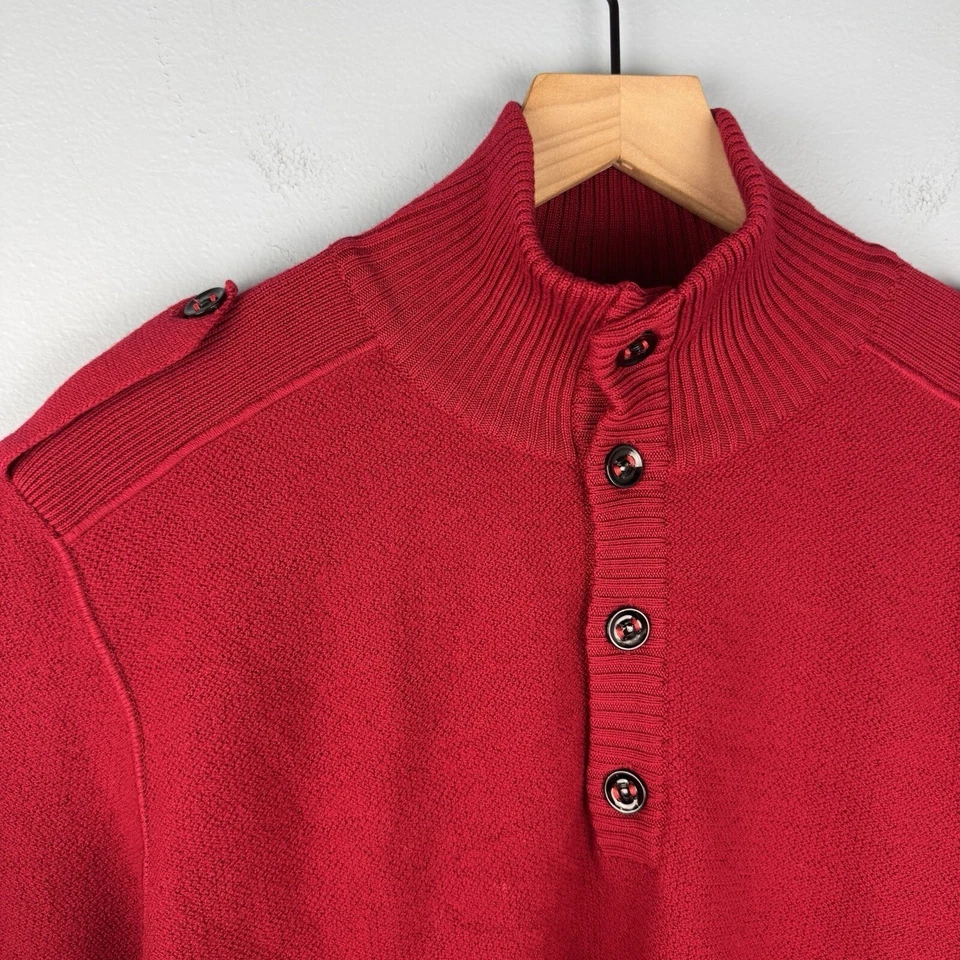 Suéter Burberry Para Hombre XL Rojo 1/4 Botón Lana Merino Cuello Simulado Charreteras Italia Foto 3 de 4